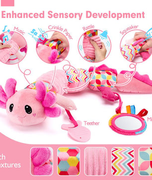 Hahaland Tummy Time Toys for Babies 0-6 Months - Musical Axolotl Plush with Rattle, Teether, Mirror, Squeaky, Crinkle - Infant Toys 0-12 Months Baby Gifts