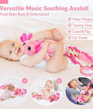 Hahaland Tummy Time Toys for Babies 0-6 Months - Musical Axolotl Plush with Rattle, Teether, Mirror, Squeaky, Crinkle - Infant Toys 0-12 Months Baby Gifts