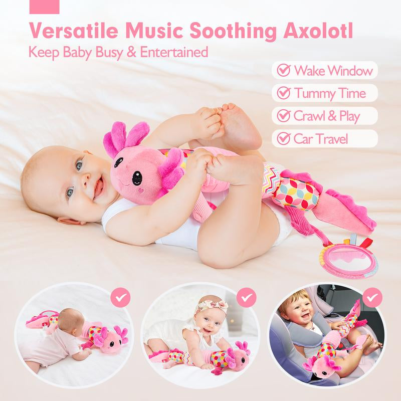 Hahaland Tummy Time Toys for Babies 0-6 Months - Musical Axolotl Plush with Rattle, Teether, Mirror, Squeaky, Crinkle - Infant Toys 0-12 Months Baby Gifts
