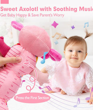 Hahaland Tummy Time Toys for Babies 0-6 Months - Musical Axolotl Plush with Rattle, Teether, Mirror, Squeaky, Crinkle - Infant Toys 0-12 Months Baby Gifts