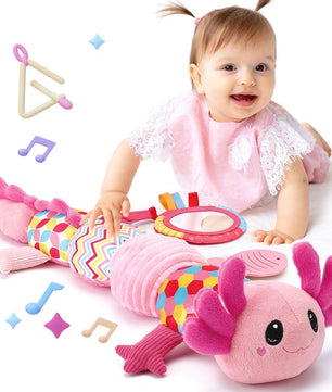 Hahaland Tummy Time Toys for Babies 0-6 Months - Musical Axolotl Plush with Rattle, Teether, Mirror, Squeaky, Crinkle - Infant Toys 0-12 Months Baby Gifts