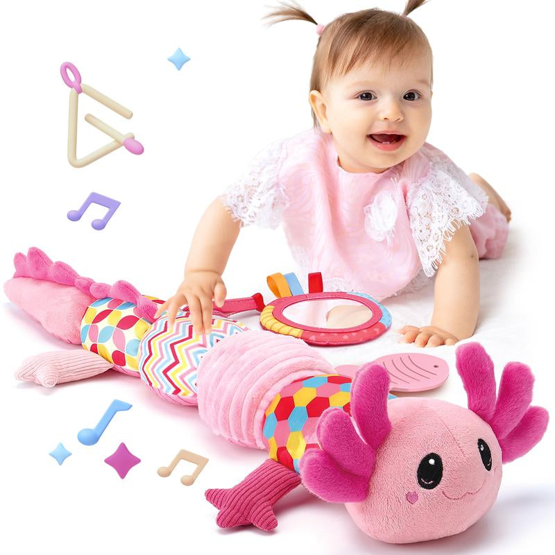 Hahaland Tummy Time Toys for Babies 0-6 Months - Musical Axolotl Plush with Rattle, Teether, Mirror, Squeaky, Crinkle - Infant Toys 0-12 Months Baby Gifts