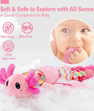 Hahaland Tummy Time Toys for Babies 0-6 Months - Musical Axolotl Plush with Rattle, Teether, Mirror, Squeaky, Crinkle - Infant Toys 0-12 Months Baby Gifts