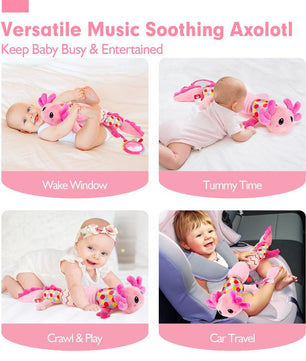 Hahaland Tummy Time Toys for Babies 0-6 Months - Musical Axolotl Plush with Rattle, Teether, Mirror, Squeaky, Crinkle - Infant Toys 0-12 Months Baby Gifts